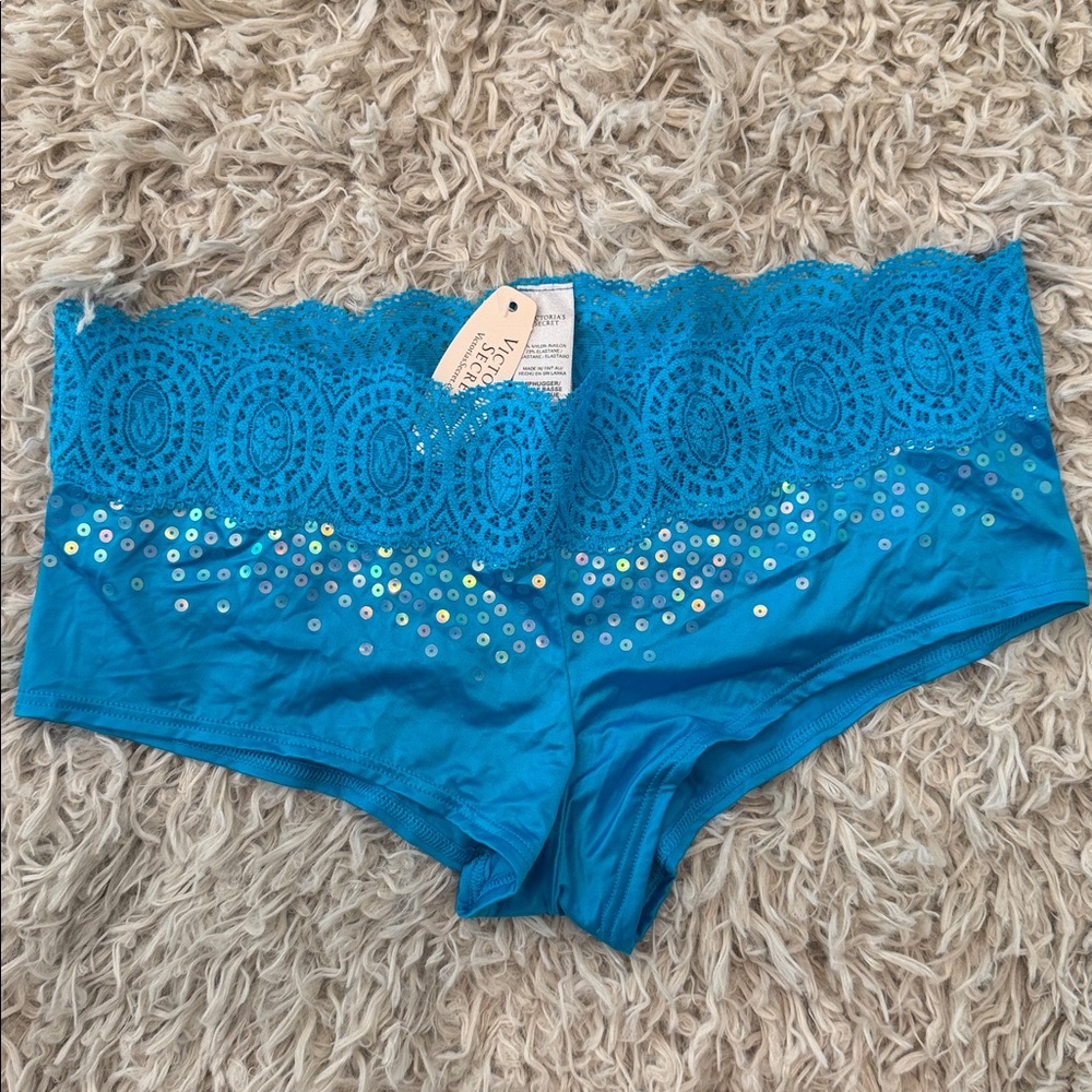 NWT VTG Victoria’s Secret Silky Satin Logo Blue Sequin Lace Hiphugger Panty S